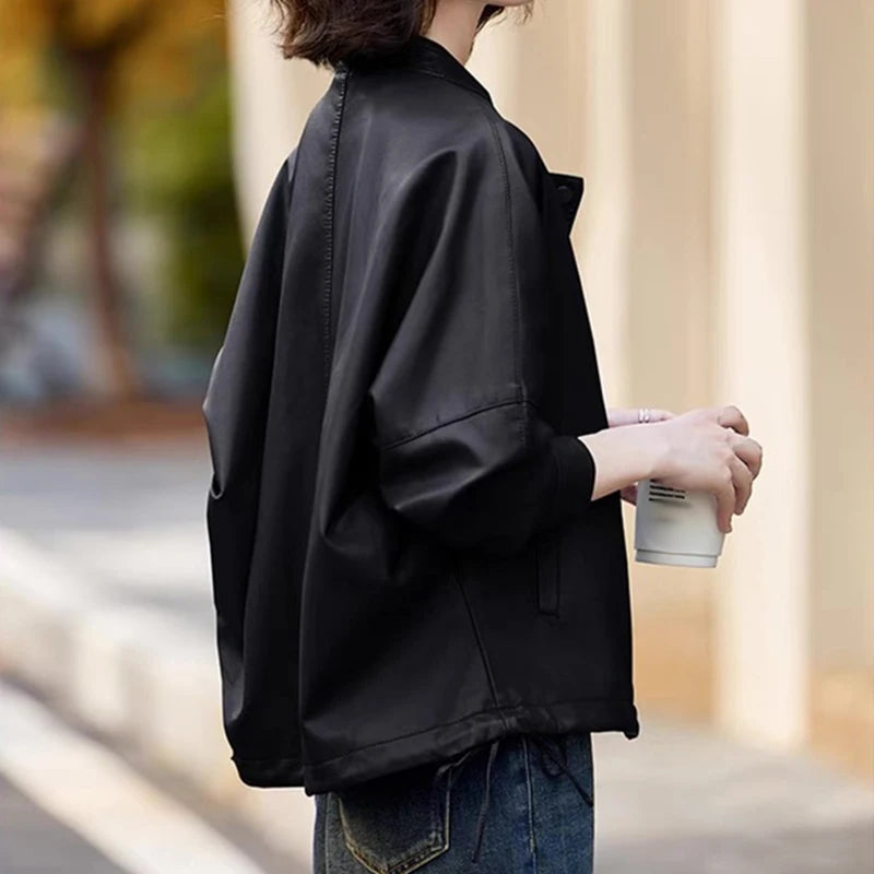 Masss Wasss 2025 Autumn Ladies Classic Fashion Oversized PU Jackets Womems Leisure Faux Leather Coats Loose Vintage Windbreakers