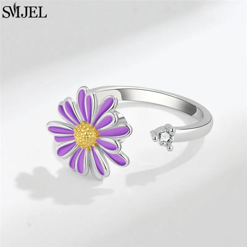 Ethnic Fashion Daisy Flower Anxiety Ring Adjustable Women Girls Worry Stress Relief Jewelry Spinning Fidget Rings Party Gifts