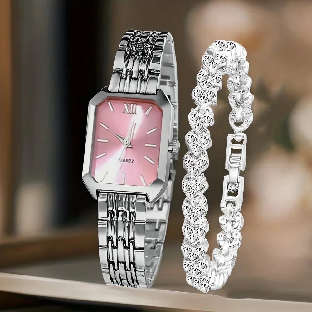 2PCS Fashion Rectangle Women Quartz Watch Rhinestone Bracelet Set Roma Dial Ladies Wristwatches Girls Clock Reloj Mujer