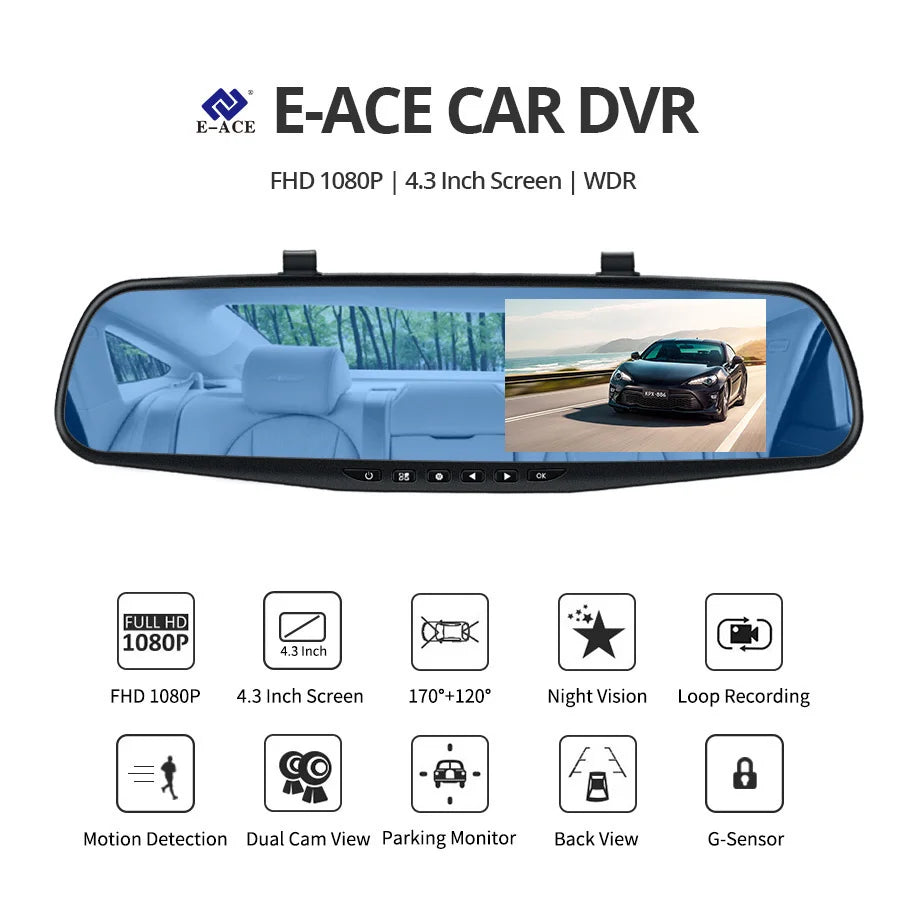 Dash Cam 4.3 inch "mini rear-view mirror digital dashcam, front and rear dual cameras IPS Front and Rear Camera Registrar Black