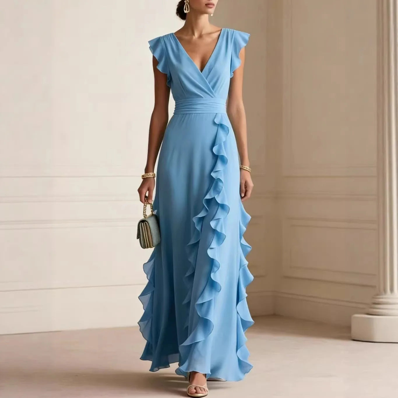 Ruffled Short V-Neck Long Dress Umbrella Skirt Feifei Sleeve For Womem