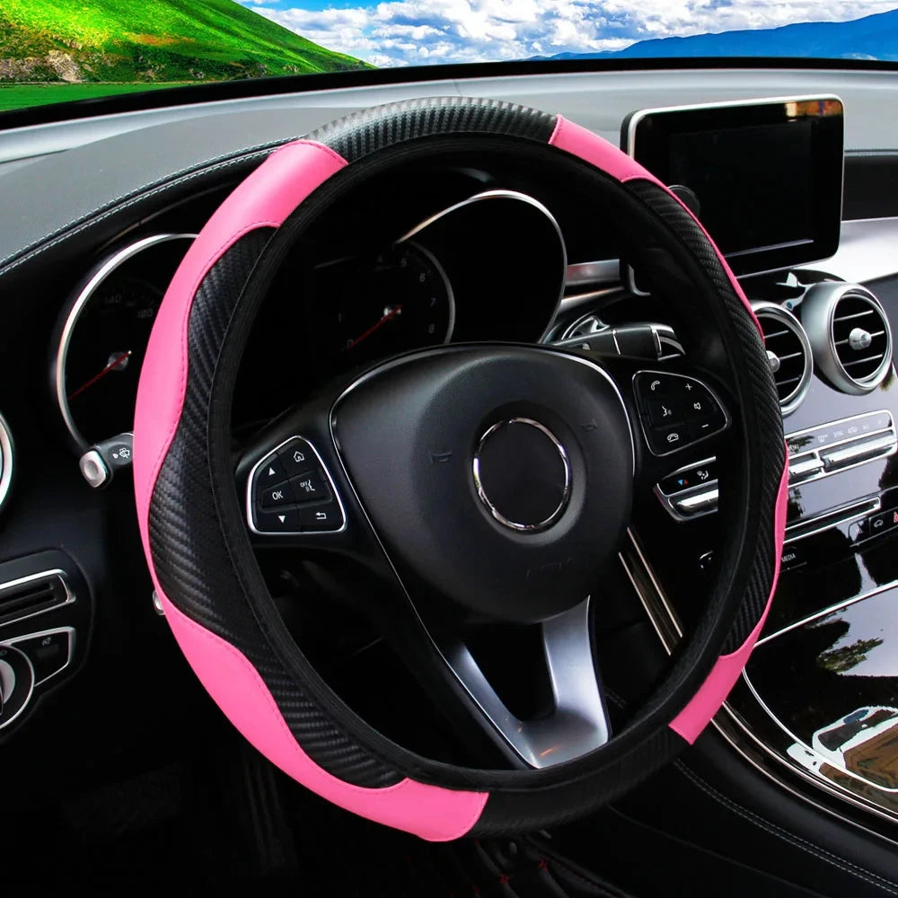 Carbon fiber PU leather car steering wheel cover without inner ring suitable for 14.5-15 inch car wheel covers