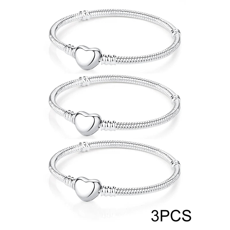 Original 925 Sterling Silver Bracelets Bangles Love Heart Clip Charms Beads Snake Chains For Women Rose Gold DIY Luxury Jewelry