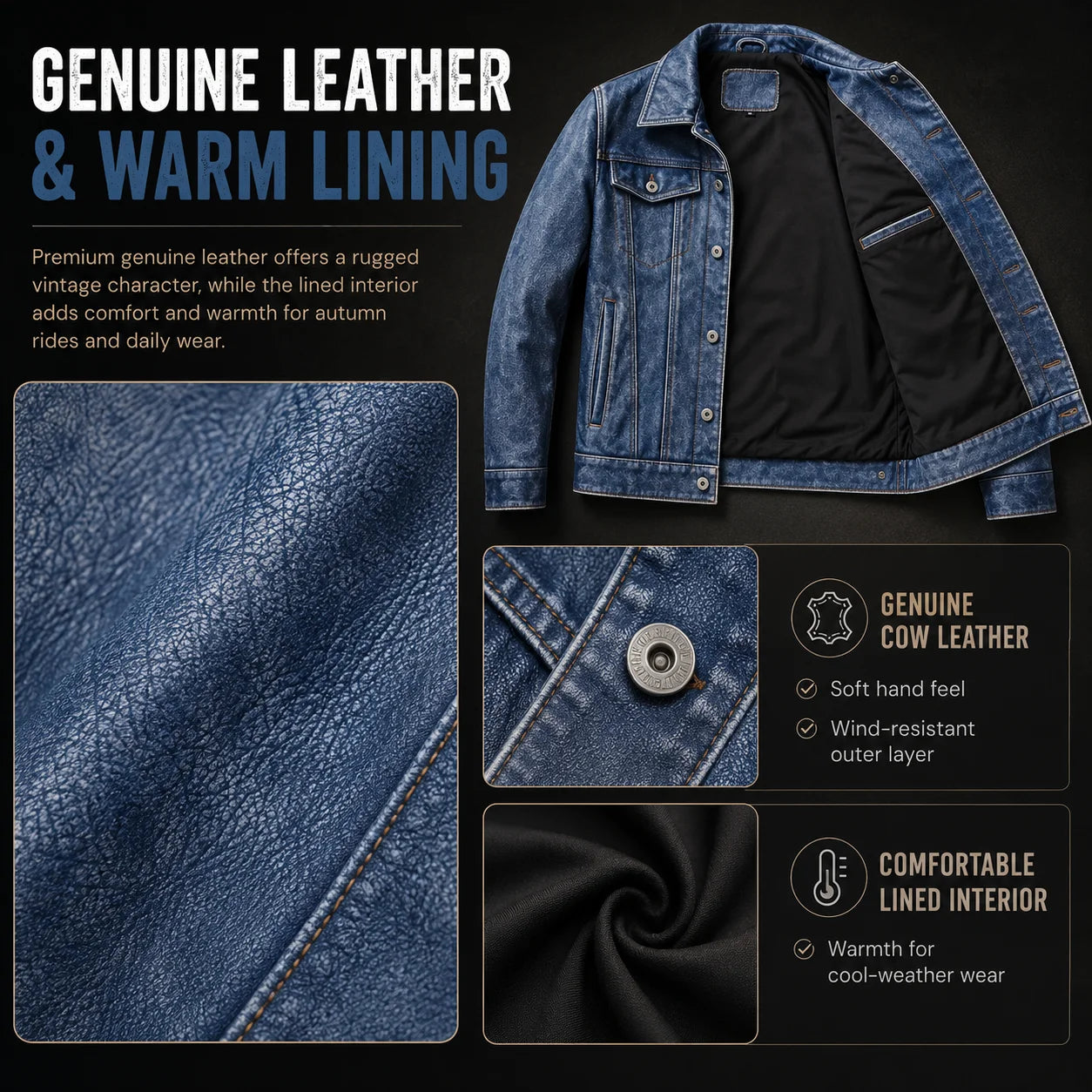 Men's Motorcycle Leather Jacket Light Blue Ami Khaki Retro Graphite Distressed Denim Genuine Leather Jacket Slim Short Jacket