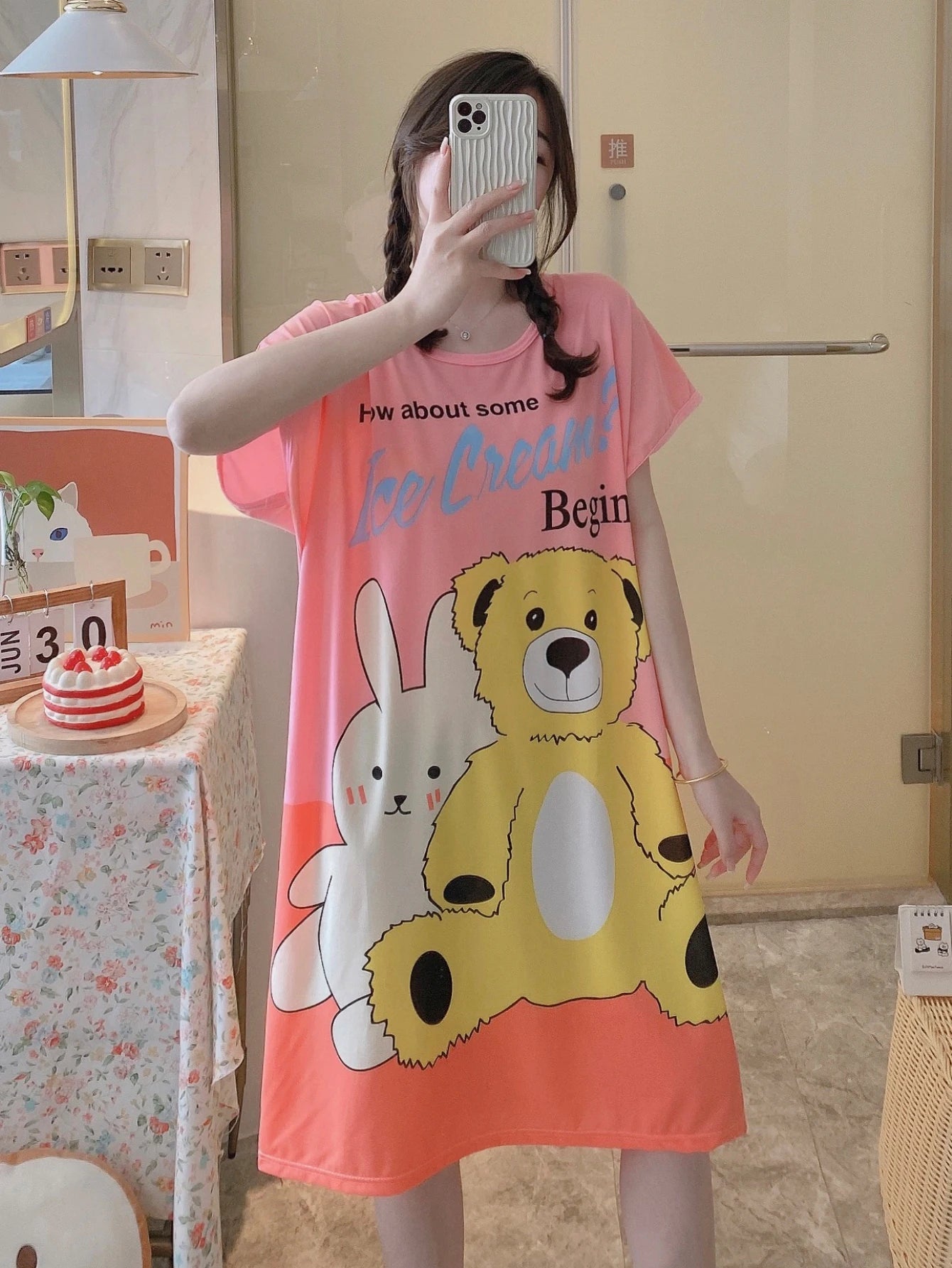 1PC, Summer And Autumn Cool Cute Girls Cartoon Nightdress, Comfortable Short-sleeved Dress, Women's Home Wear, Polyester Pajama