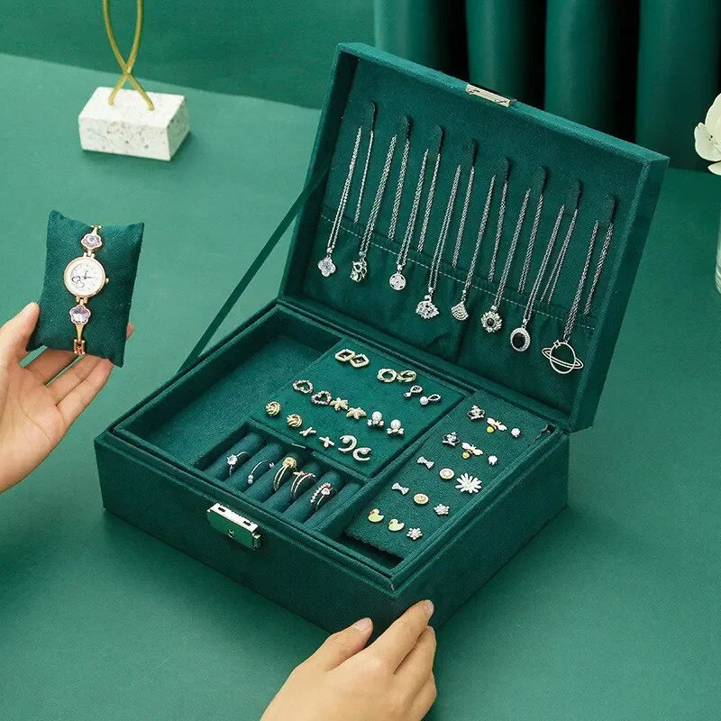 Pink Green 2-Layer Flannel Jewelry Organizer Box Necklaces Earrings Rings Display Holder Case for Women Large Capacity With Lock