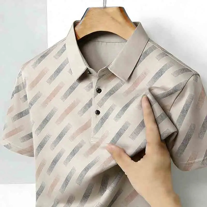 Men's Fashion Polo Shirt Short Sleeve Lapel Collar Diagonal Striped Print Casual Business Golf Tops