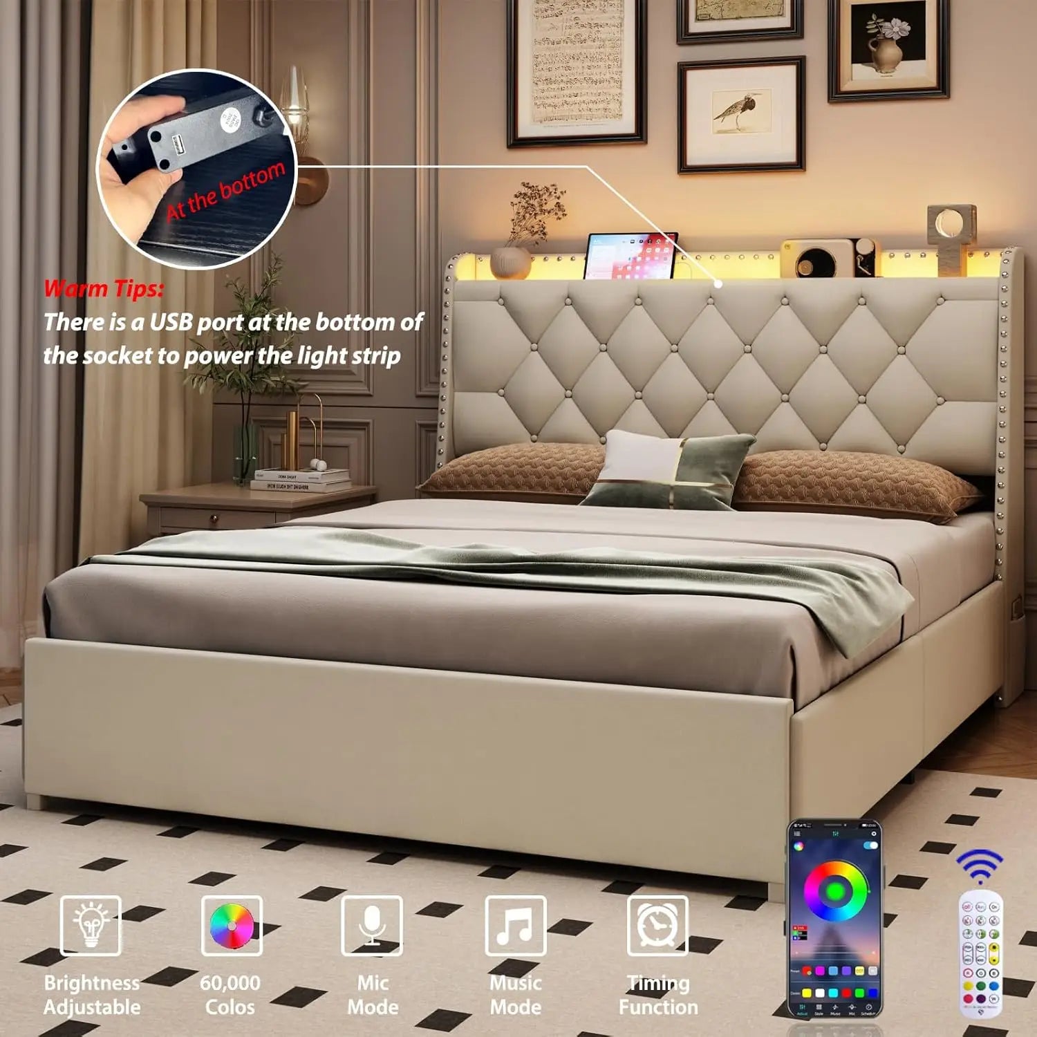 Queen Size Bed Frame with 4 Drawers & Storage Headboard, Upholstered Platform Bed with LED Lights & Charging Station, Beige
