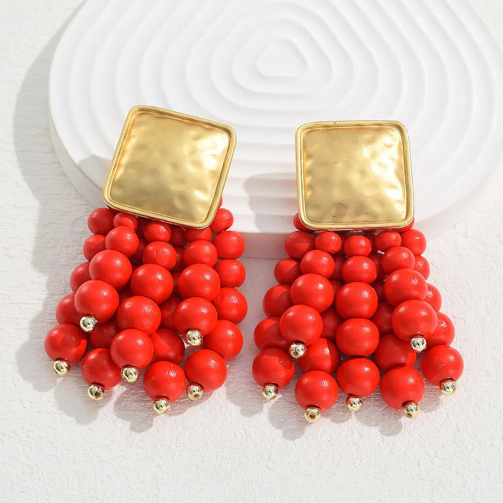 Vintage Handmade Wooden Drop Dangle Earrings Maxi Beaded Bohemian Statement Wedding Jewelry For Women brincos