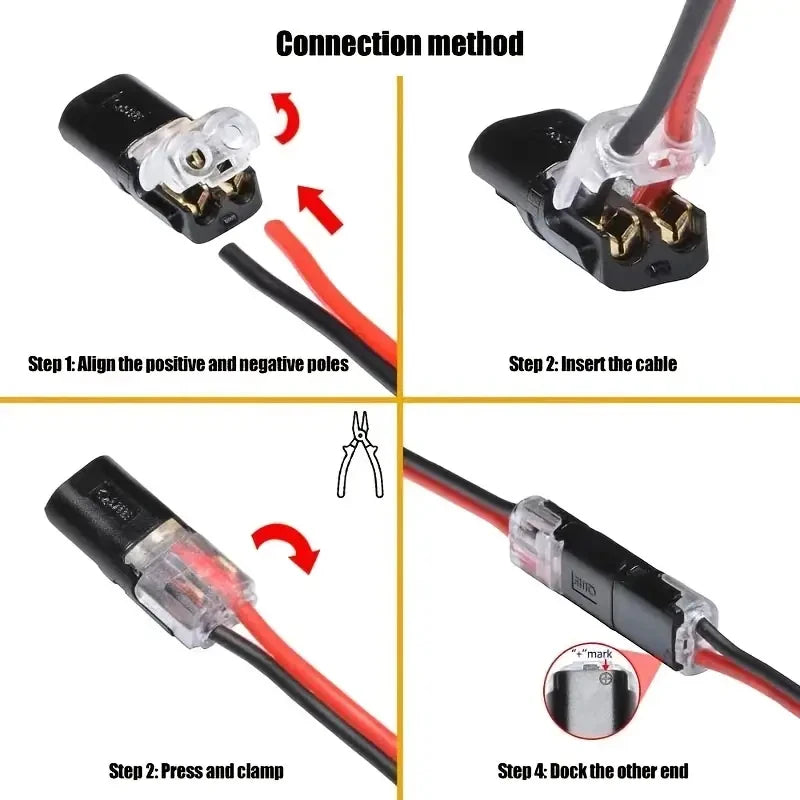20/50/100 Pack of H2 2-Pin Pluggable Wire Connectors, Nylon Insulated Copper Quick-Connect Terminal Blocks, Suitable for Low-Voltage Cables, No Power Mode Required, No Electronic Components