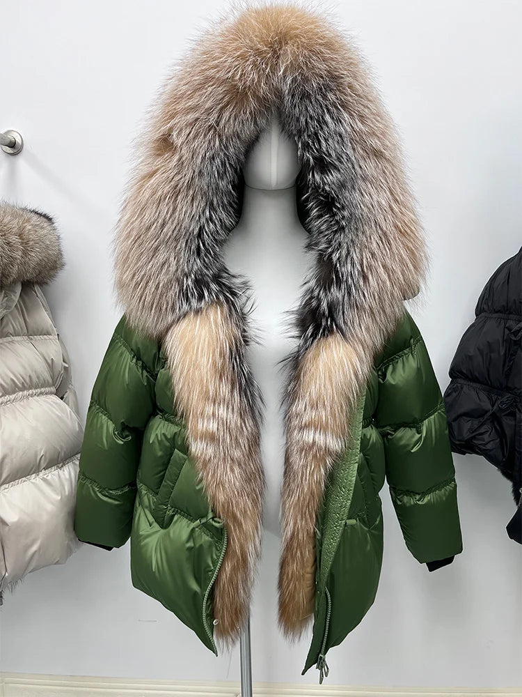 Winter Real Fox Fur Collar Hooded Thick Goose Down Jacket Natural Coat Women Female Outwear Luxury Warm Russia Puffer Jackets