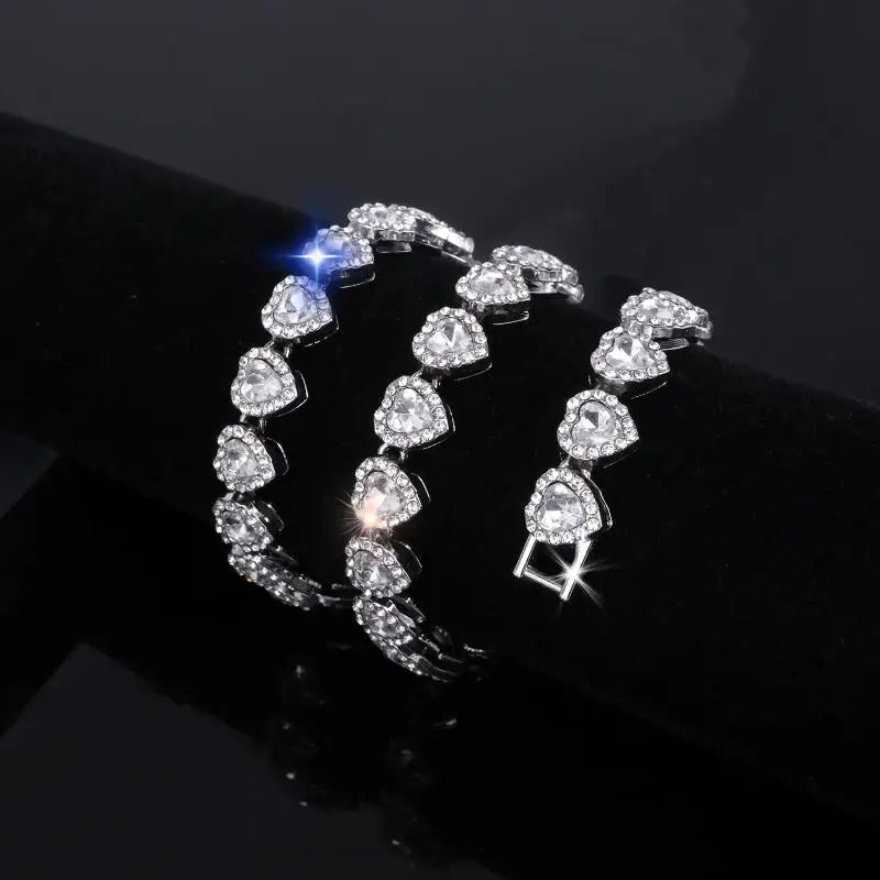 45CM New Hip Hop Tennis Chain Bracelet Necklace Shiny Heart Rhinestone CZ Fashion Rock Party Jewelry