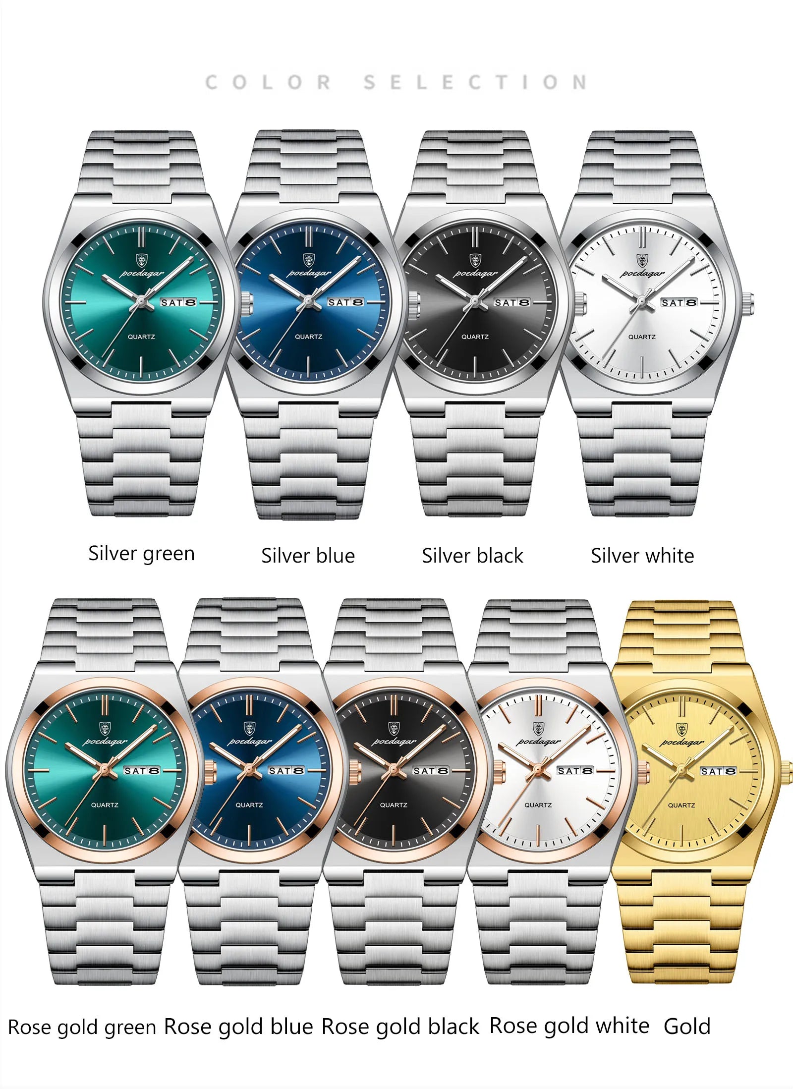 POEDAGAR Luxury Men's Watches Luminous Waterproof Stainless Steel Casual Men Clock Date Week Quartz Fashion Man Wristwatch Reloj