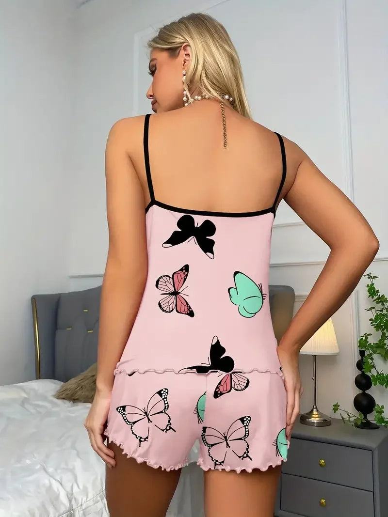 Butterfly Print Pajama Set Lettuce Trim Cami Top  Elastic Waistband Shorts Women  Sleepwear Loungewear