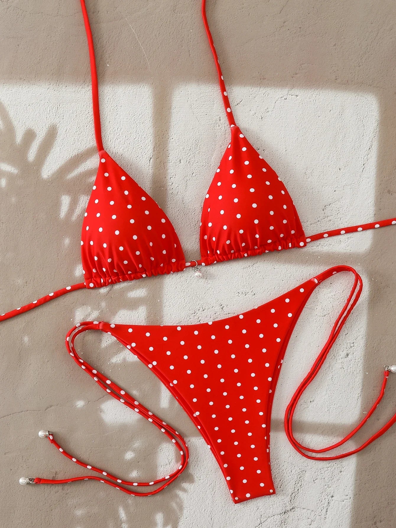 Women's Sexy Polka Dot Halter Bikini Set Lace-Up Low Waist Two-Piece Triangle Thong Swimwear Tie On Side Brazilian Biquinis