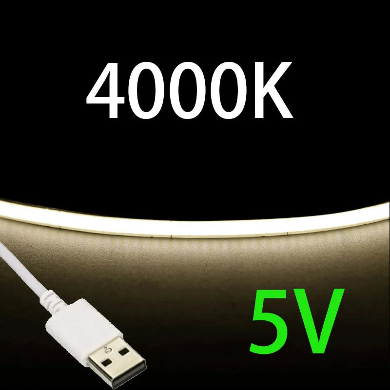 USB 5V COB LED Strip Lights 2.7mm Very Thin Multicolor 480LEDs 1m 2m For Computer Indoor Linear Tape Lights Flexible Convenient
