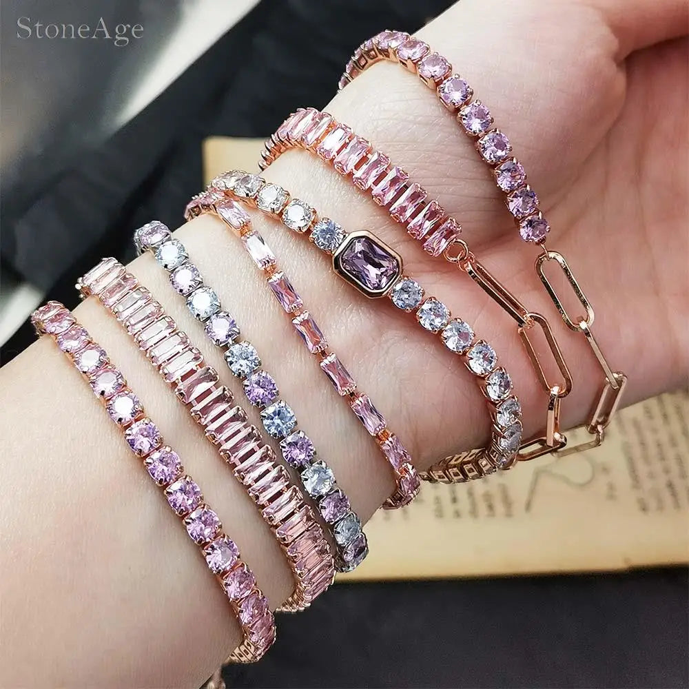 Pink Crystal Tennis Bracelets for Women Female Trend Romantic Shiny Zirconia Adjustable Folding Buckle Chain on Hand Jewelry