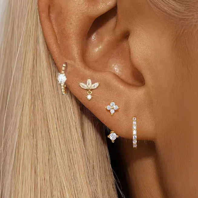 4PCS Zircon Heart Moon Flower Small Hoop Earrings Set For Women Stainless Steel Huggies Pendant Piercing Earrings Jewelry Aretes