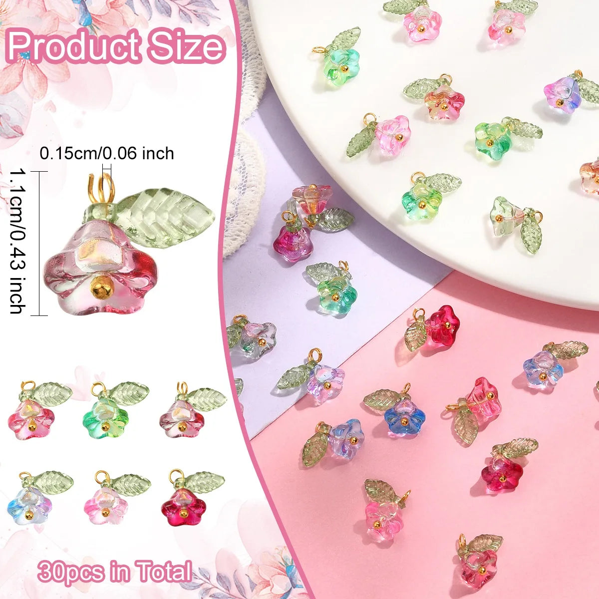 30Pcs 6 Colors Pendants beads Flower with Golden Findings Charms for Women Necklace Bracelet Earrings DIY jewelry making