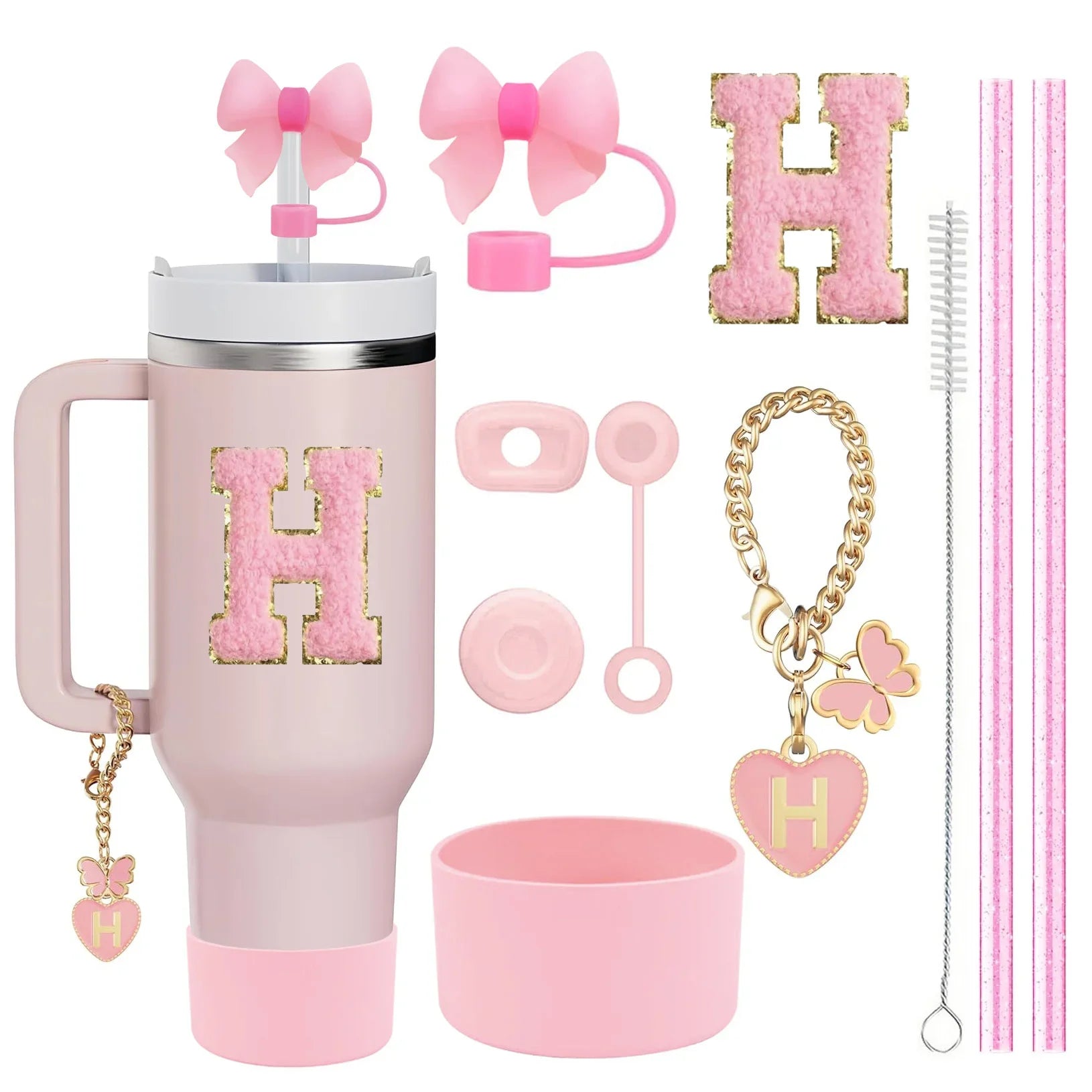 10PCS Accessories Set for Stanley Cup, 2 Straw and Brush and 1 Flower Charm Chain 3 Spill Proof Stopper Flowers Straw Cover Boot