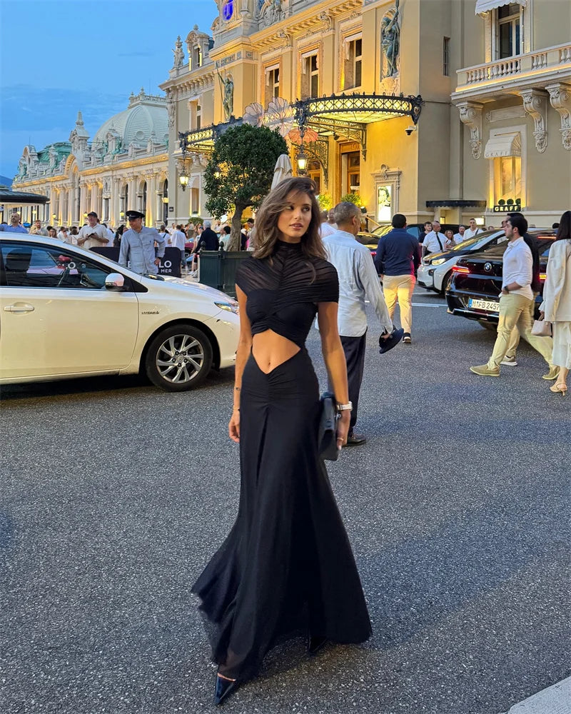 Mozision Hollow Out Short Sleeve Sexy Maxi Dress Women Fashion O Neck Ruched High Waist Bodycon Club Party Long Dress Female