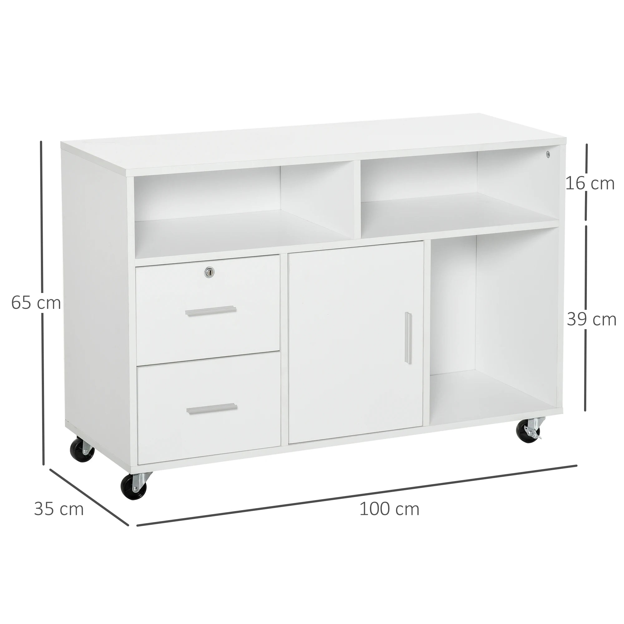 HOMCOM office furniture with wheels drawers and shelves 100x35x65 cm White