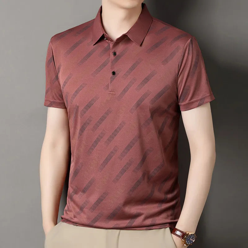 Men's Fashion Polo Shirt Short Sleeve Lapel Collar Diagonal Striped Print Casual Business Golf Tops