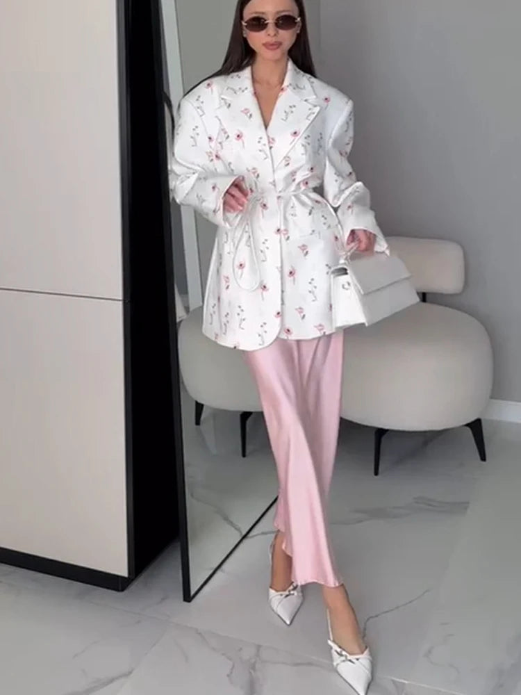 FSMG New Fashion Flowers Print Loose Suit Collar Coat For Women Elegant Belted Waist Cinching Suit Jacket Female Street Chic Top