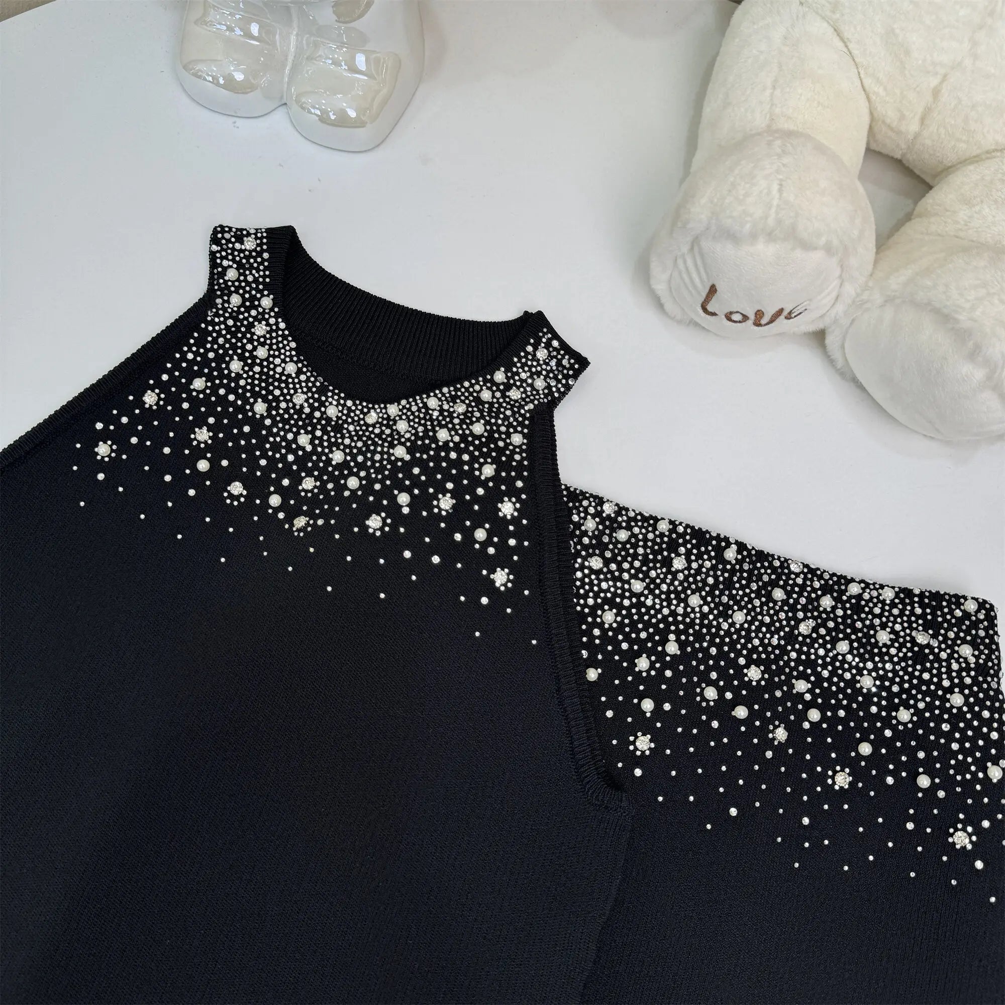 Womem Nail Bead Top + Short Skirt Two Piece Outfit Ensemble Femme High Quality French Luxury Diamonds Knitted 2 Piece Set