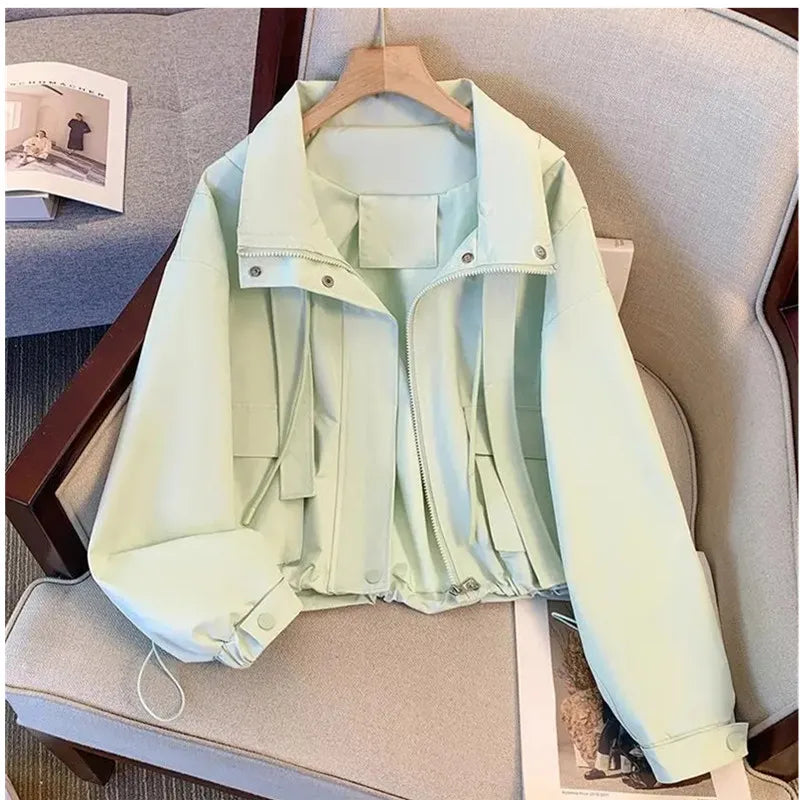 Short Hooded Jacket Women's Spring Autumn 2026 New Lady Loose Thin Work Jacket Top Solid Casual Student Zipper Outwear