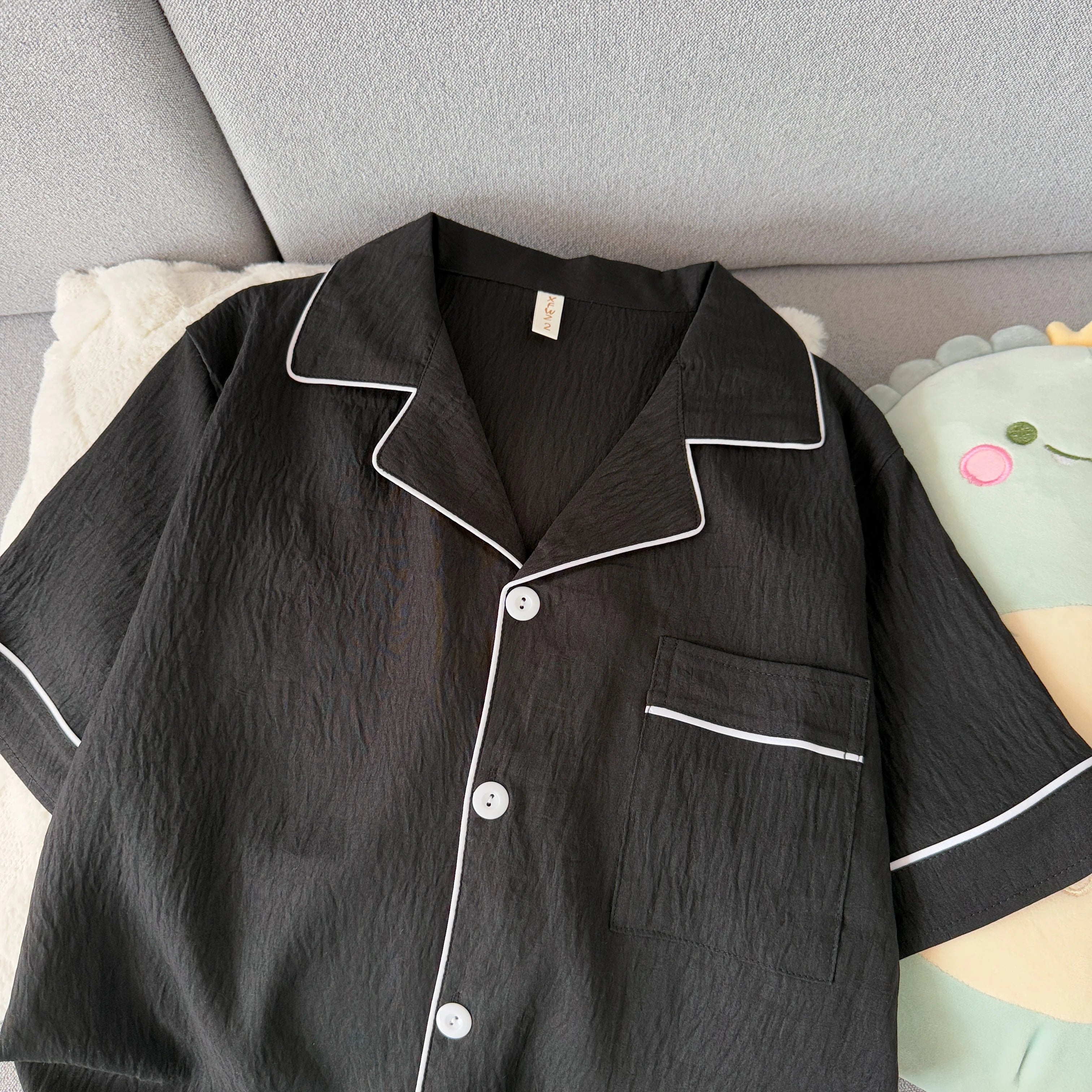 Youth Men's Slim Fit New Pajama Set Solid Color Short Sleeve Lapel Top and Elastic Shorts Pajamas Summer Loungewear Sleepwear