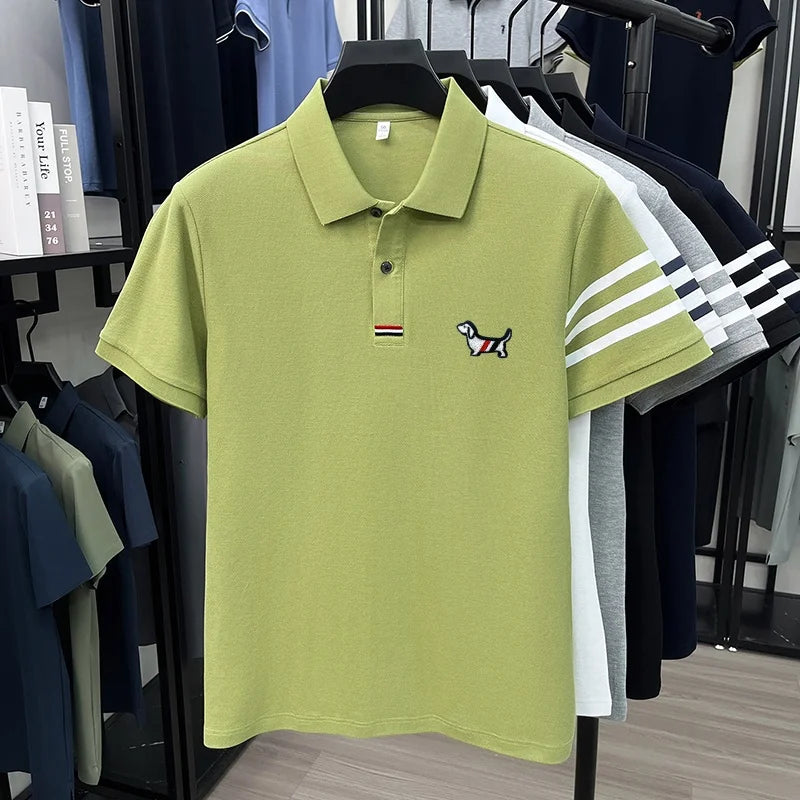 luxury brand men's high quality short sleeves polo shirt lapel embroidery puppy cuff stripe t-shirt business leisure men's wear