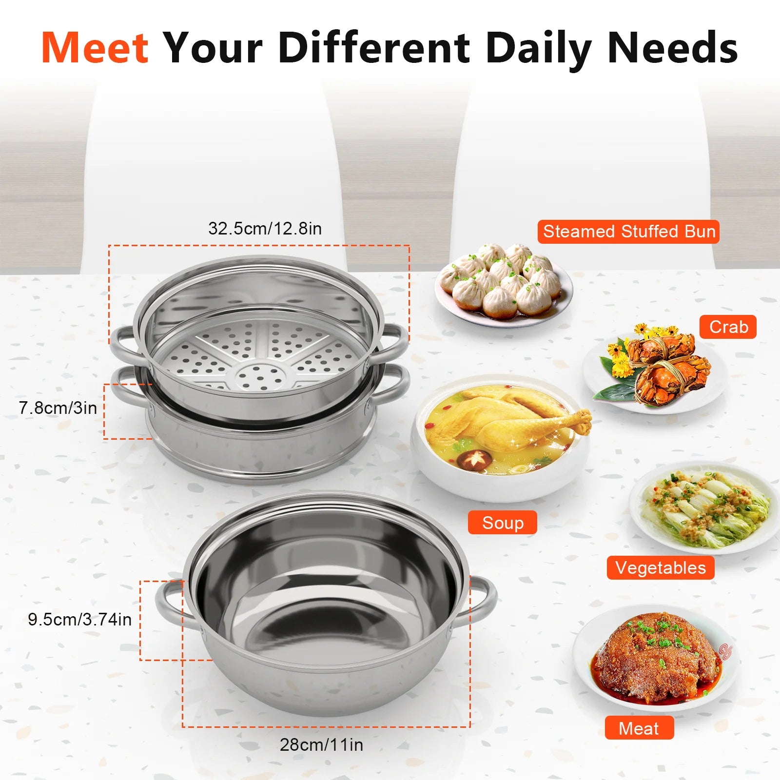 28CM Stainless Steel Steam Cooker Multi-Function 3 Tier Steamer Pot Cookware for Cooking Veg Meat Soups Seafood