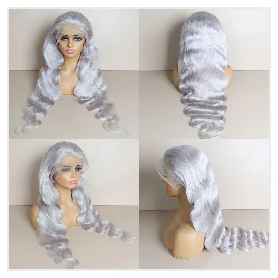 Silver Grey Brazilian Human Hair Wig 13X6 HD Transparent Lace Front Pre Plucked 28 32 Inch 200% Density Body Wave Wigs For Women