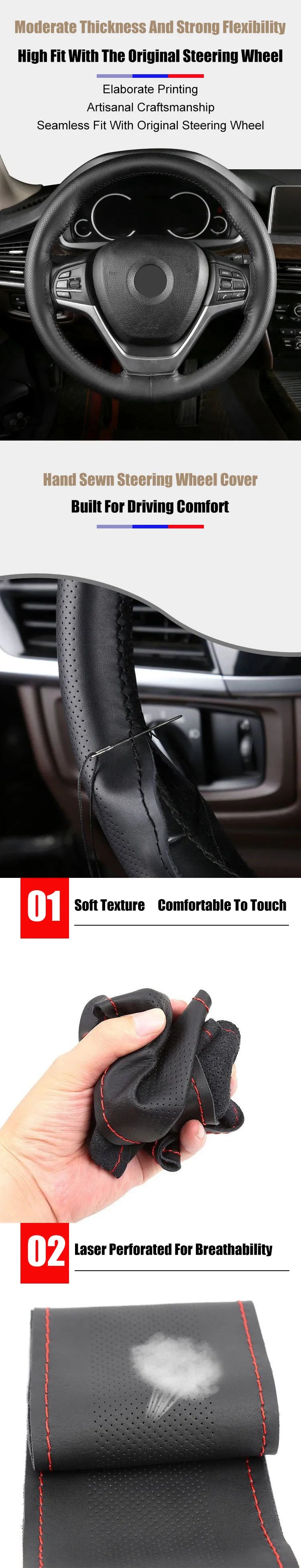 Car Steering Wheel Cover Needles And Braid Thread Artificial Leather Car Covers Suite 3 Color DIY Texture Soft Auto Accessories