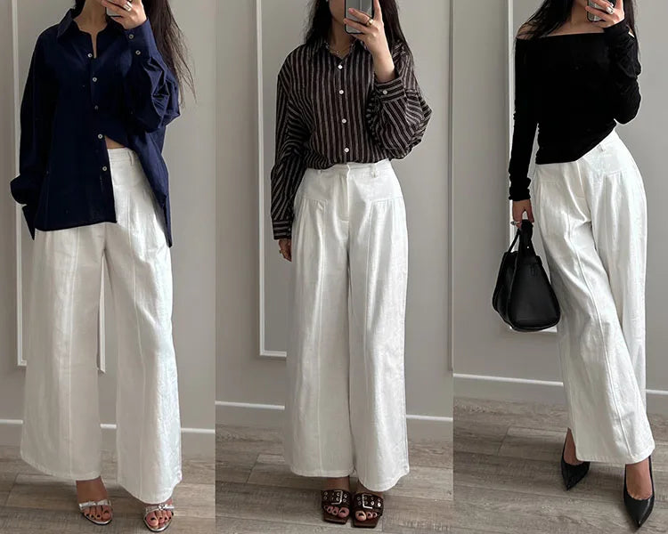 Summer White Pants For Women Cotton Formal High Waist Wide Leg Trousers Ladies Elegant Summer Women's Pants Straight Leg Office