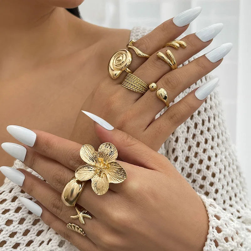Bohemian Vintage Gold Color Open Joint Ring For Women Vacation Beach Style Flower Starfish Knuckle Rings Set Jewelry