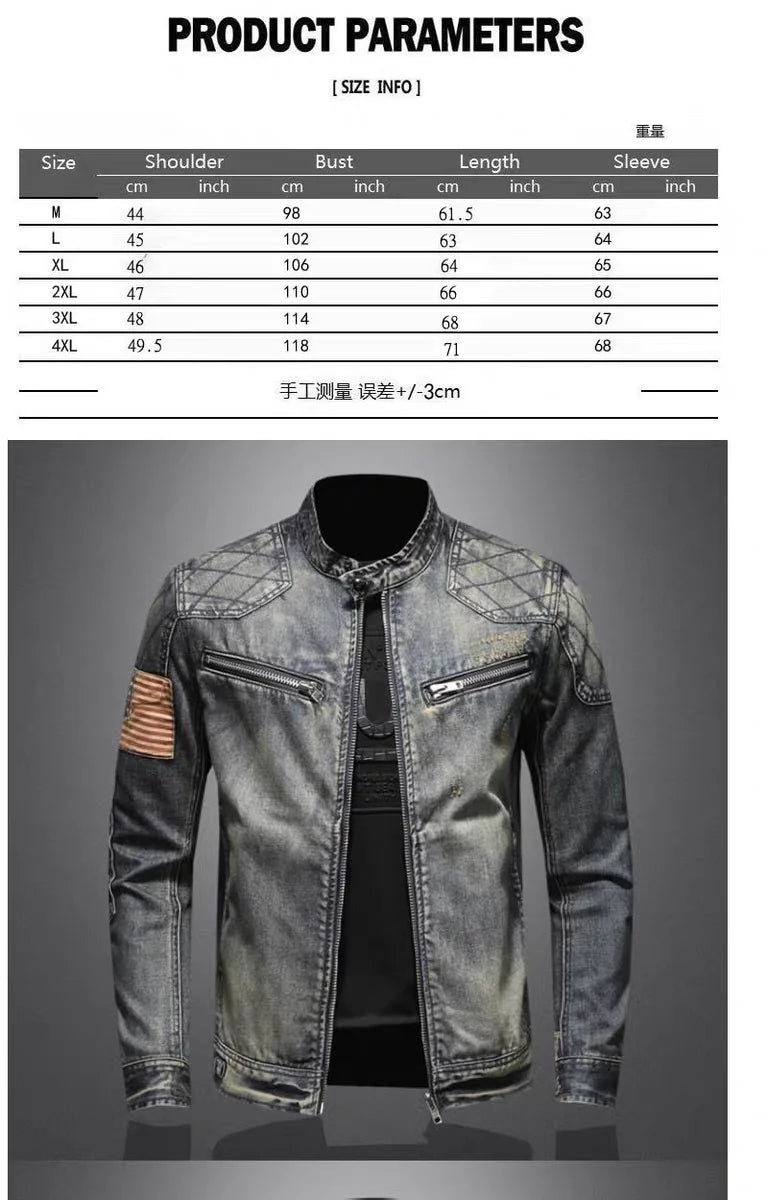 2024 new men's denim jacket trendy retro fashion casual stand-up collar zipper jacket handsome riding biker clothing denim tops