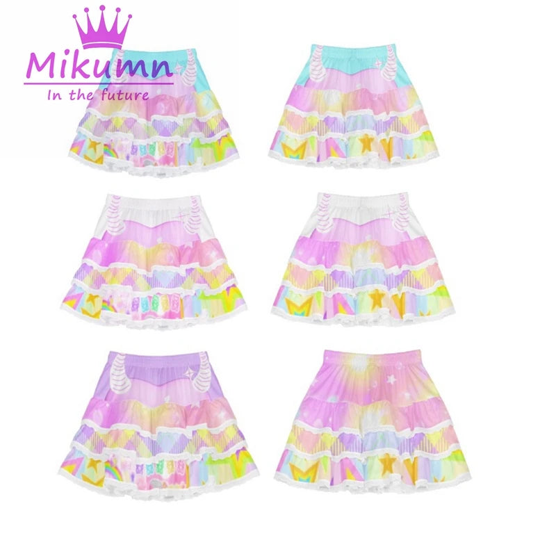Harajuku Y2K White Blue Purple Lace Cake Skirt Womem Japanese Elastic Waist Pleated Skirt Ball Gown Kawaii Lolita Mini Skirt