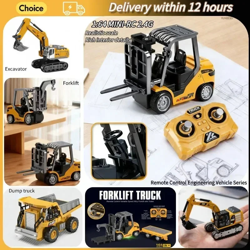 1:64 RC Mini Alloy Car Forklift with Trailer Excavator Desktop Game 2.4G Remote Control Engineering Lift Truck Child's Toy Gifts