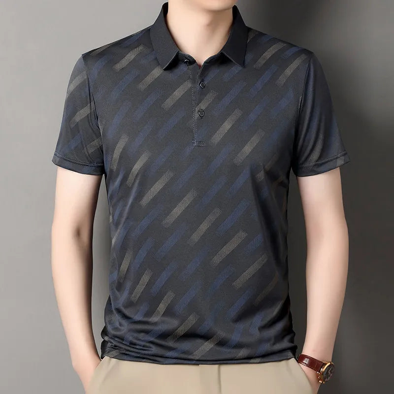 Men's Fashion Polo Shirt Short Sleeve Lapel Collar Diagonal Striped Print Casual Business Golf Tops
