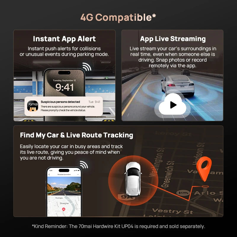 70mai Dash Cam 4K A810S HDR IMX678 Supercapacitor 4G LTE Remote Control Wi-Fi 6 Voice Control GPS ADAS Car Camera 70mai A810S