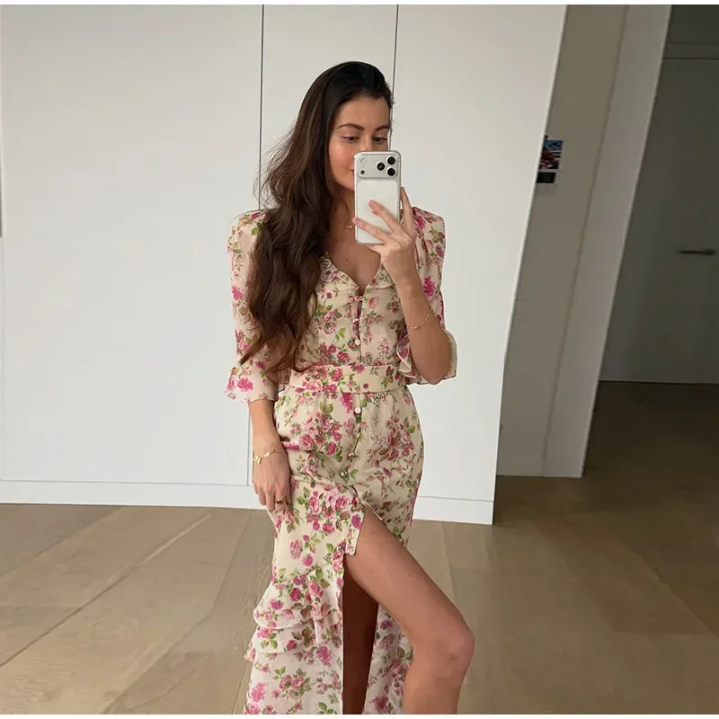 Fashion Organza Floral Printed Maxi Dress V-Neck Puff Sleeve 2026 Spring/Summer Romantic Women Party Gown Elegant Lady Vestido