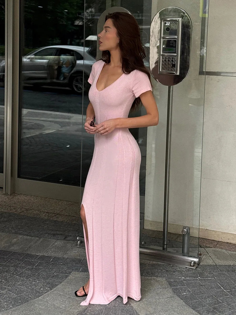Tsiisd Ribbed Knit Maxi Dress For Women Deep V-Neck Slim High Slit Elegant Patchwork Commute Party Dress Women Knitwear Dress
