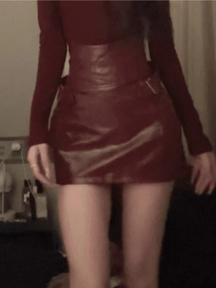 Fashion Retro Sexy 2 Piece Set Womem Slim Fit Long Sleeve Hollow Out Tops + Faux Leather Belted Mini Skirt Casual Elegant Outfit