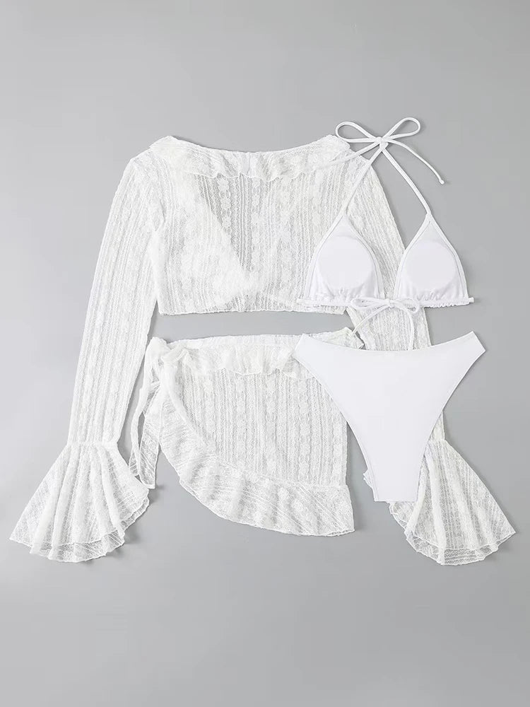 2026 Sexy Four-piece Women Swimsuit Long-sleeve Cover-up Swimwear Summer Solid Bikini Set Brazilian Beachwear Party bathing suit