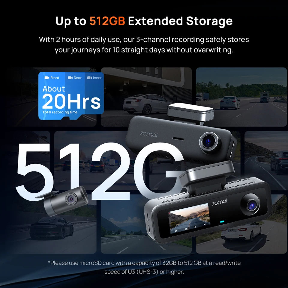 70mai 4K T800E 3-Channel Dash Cam Front Rear Interior 3-in-1 Voice Control 24H Parking Supercapacitor GPS 4K Car DVR 70mai T800E