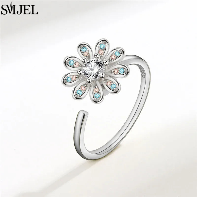 Ethnic Fashion Daisy Flower Anxiety Ring Adjustable Women Girls Worry Stress Relief Jewelry Spinning Fidget Rings Party Gifts
