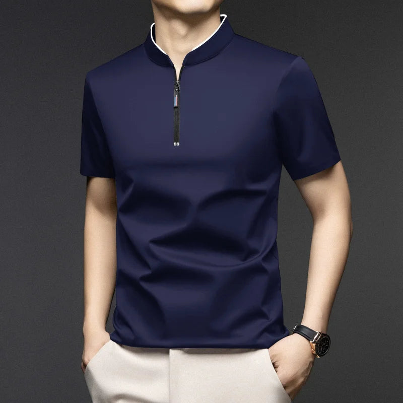 2025 New Men's Casual Fashion Zipper Solid Color Short Sleeved Polo Shirt Stand Up Collar Versatile Comfortable Top