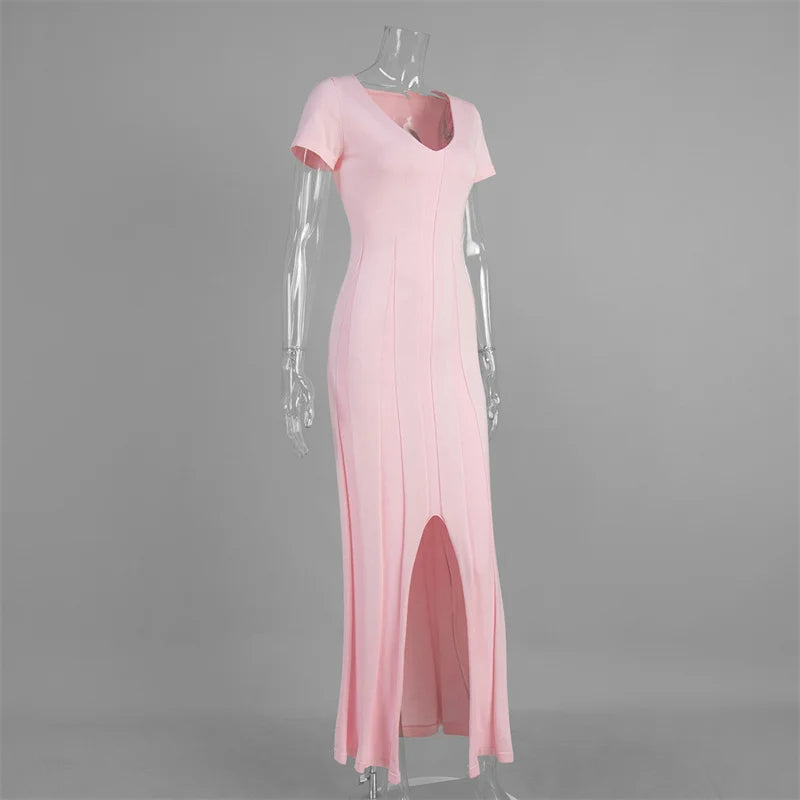Tsiisd Ribbed Knit Maxi Dress For Women Deep V-Neck Slim High Slit Elegant Patchwork Commute Party Dress Women Knitwear Dress